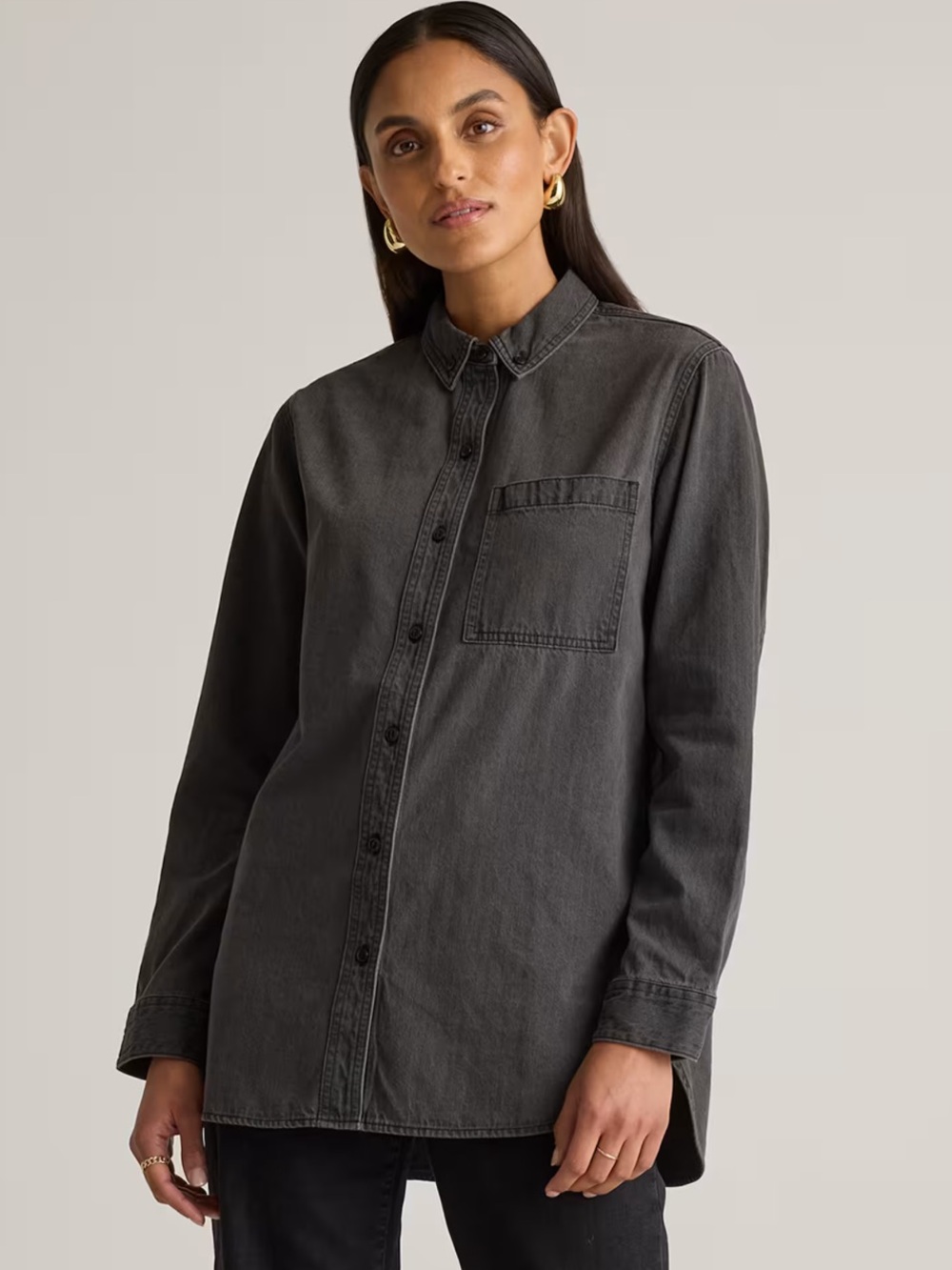 Quince Distressed Denim Oversized Shirt Jacket - Charcoal